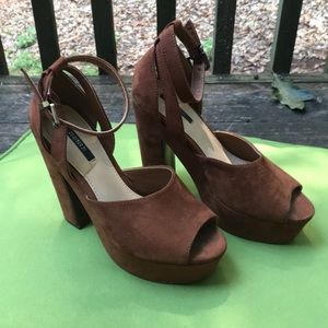 Lightly worn faux suede peep toe mules size 6